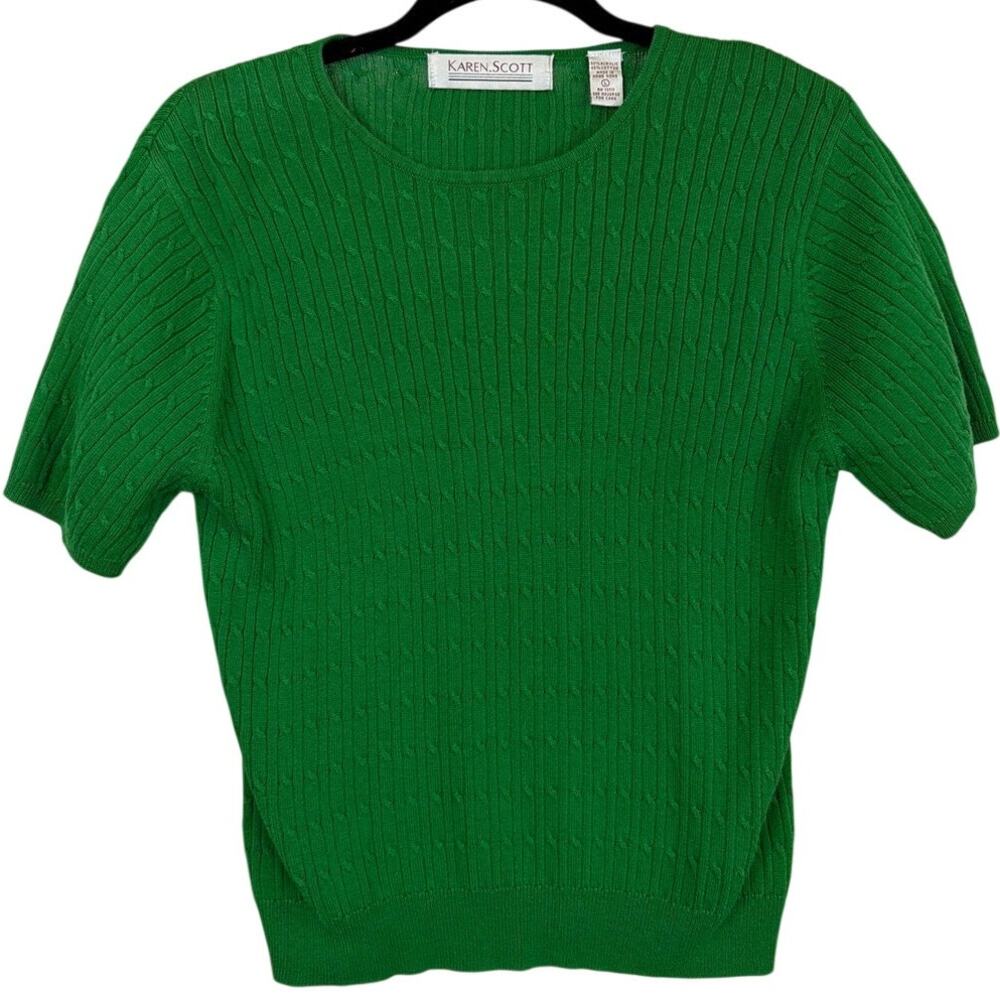 Vintage Karen Scott Green Knitted Short Sleeve Top Size L Cottagecore Chic